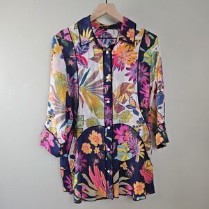 Radzoli Eclectic Floral Tunic Blouse Sz L Navy Pink Ivory Roll Tab Sleeve Artsy